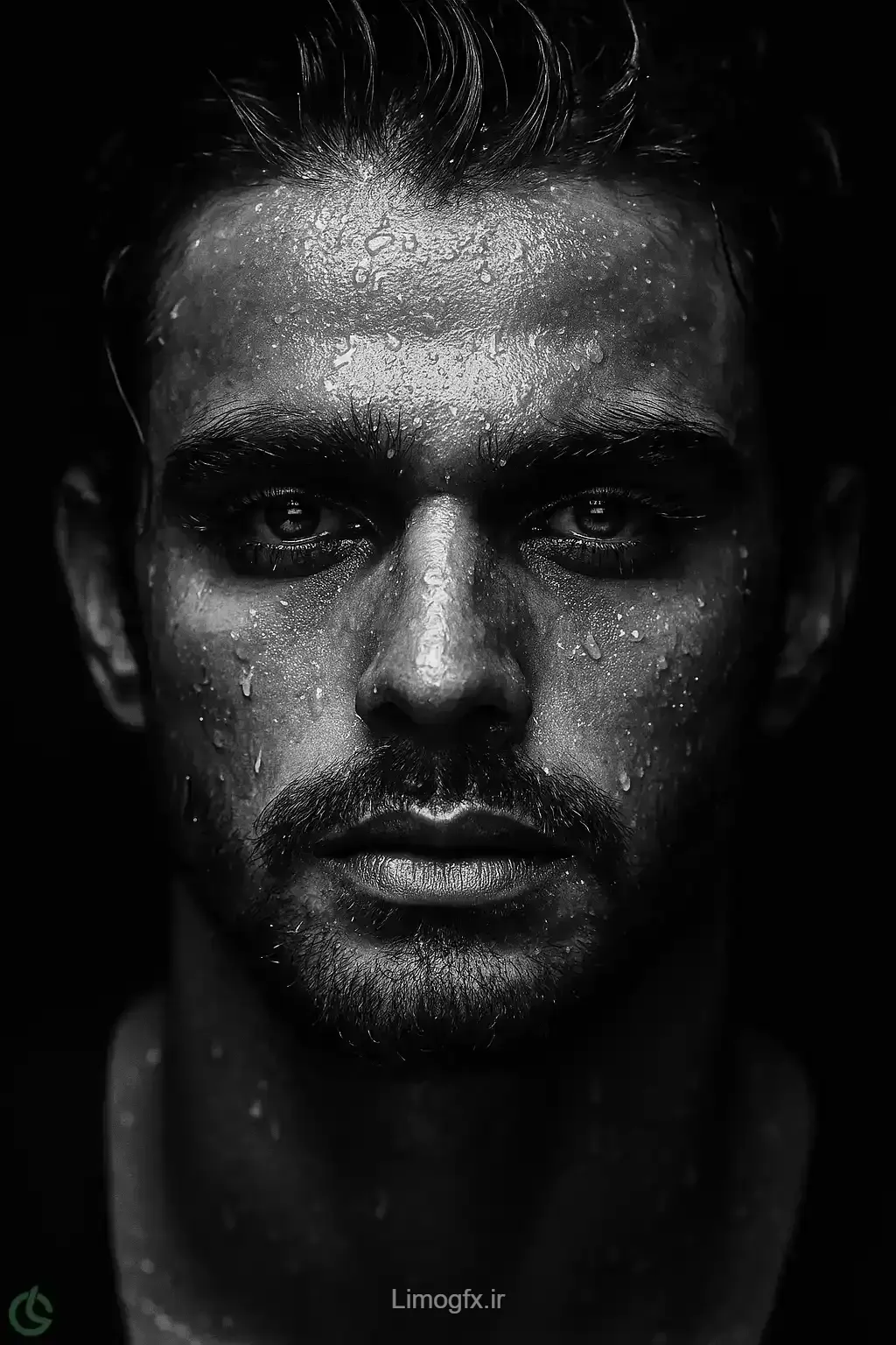 پرامپت پرتره سیاه‌وسفید های‌کنتراست با قطرات آب و مژه اضافه