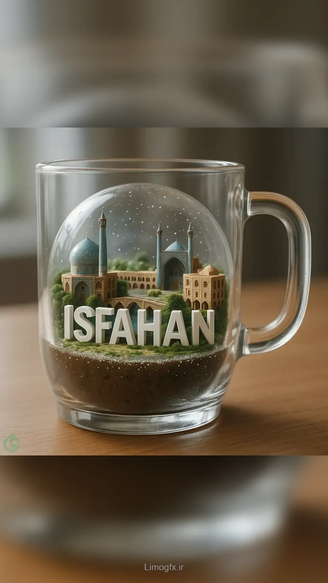 پرامپت هایپررئال ماگ شیشه‌ای با اسنوبال شهر مینیاتوری