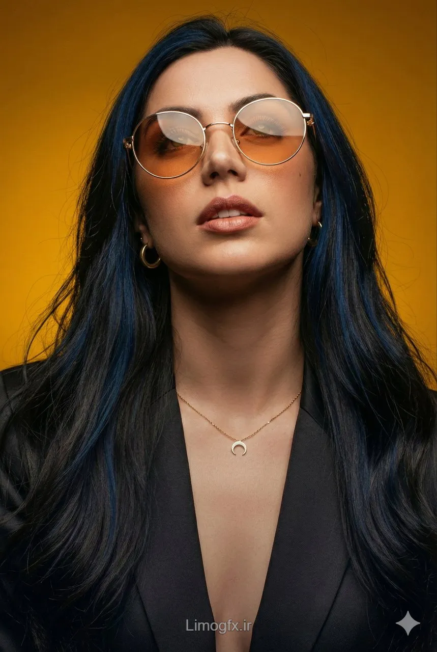 پرامپت پرتره استودیویی سینمایی با استایل مدرن و اکسسوری طلایی