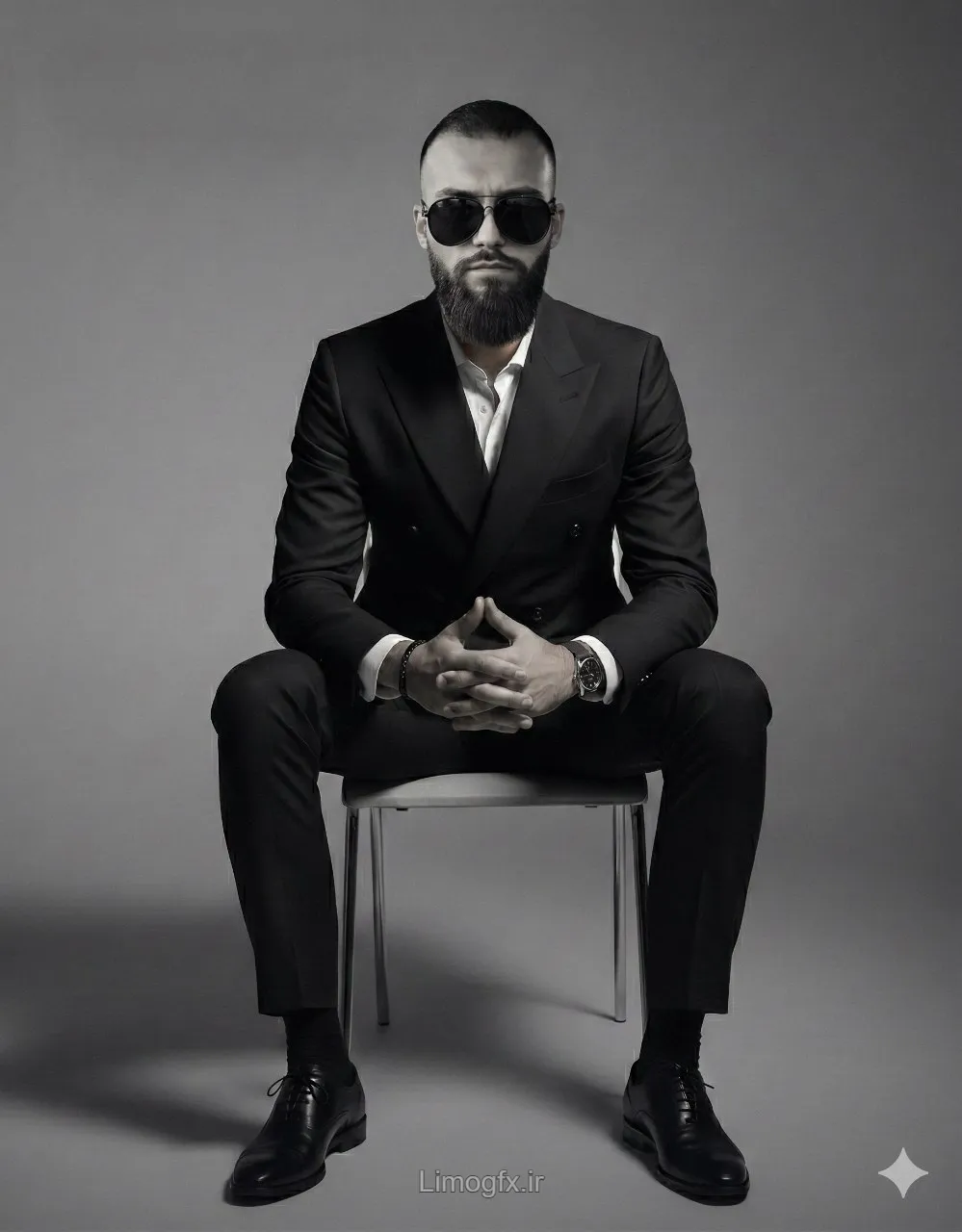 پرتره استودیویی سیاه‌وسفید هایپررئال با کت‌وشلوار دوبل‌برست