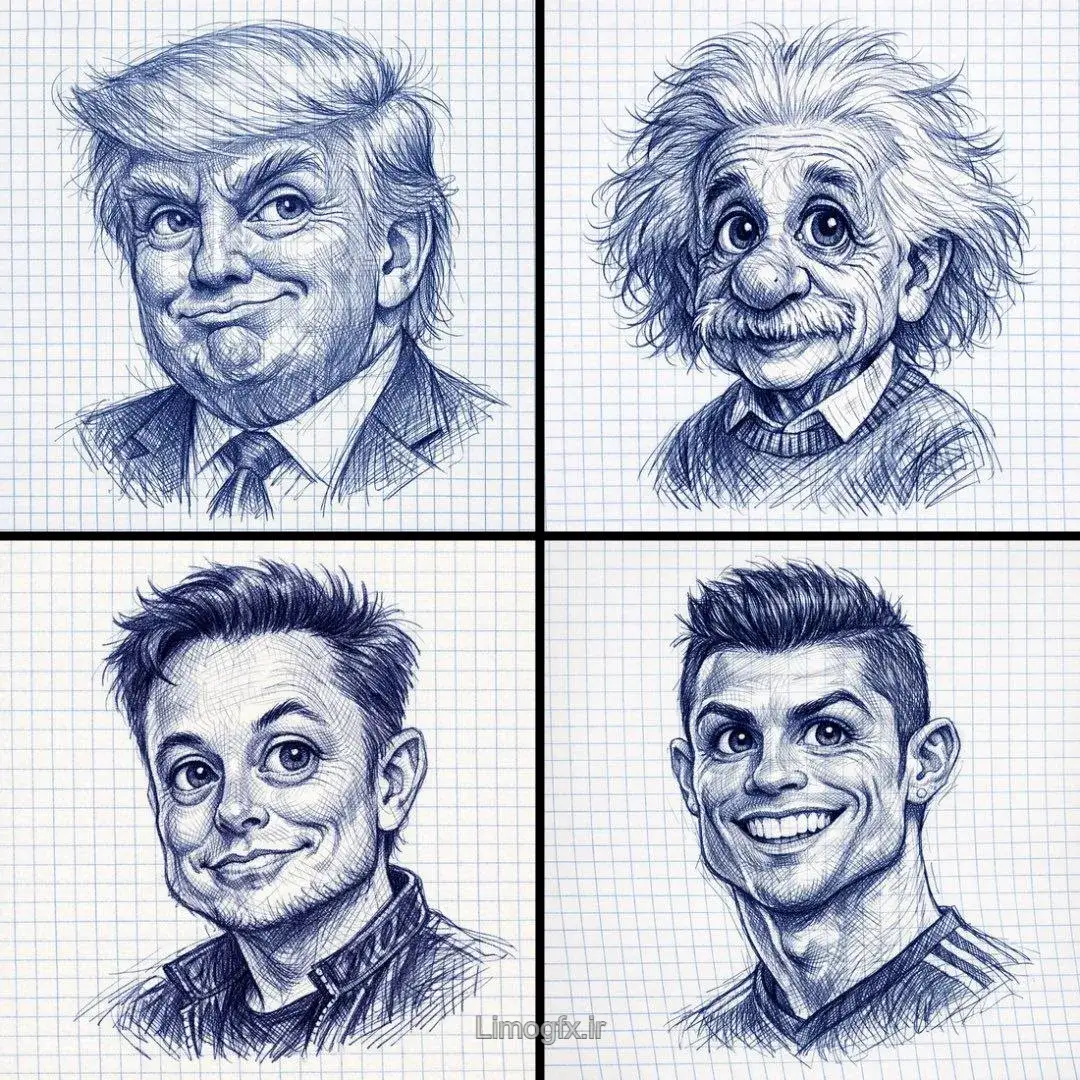 طرح دستی کاریکاتوری با خودکار روی کاغذ شطرنجی