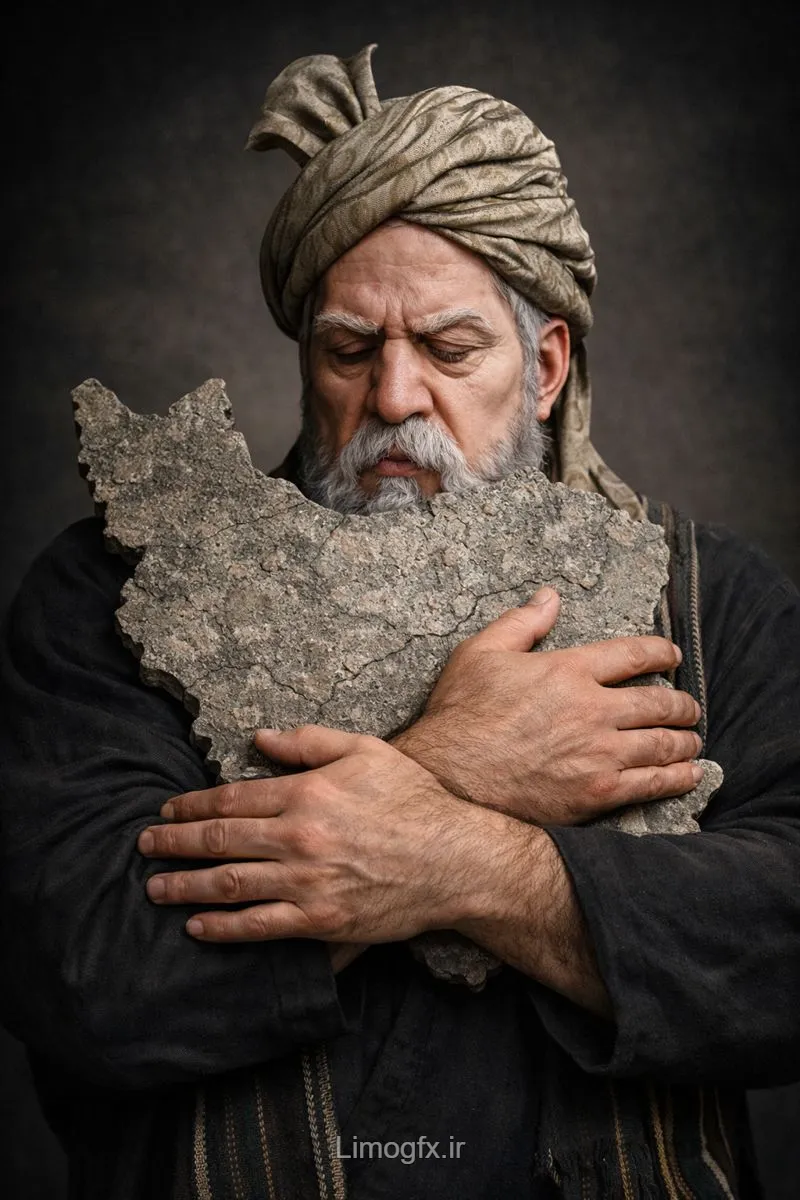 پرتره استودیویی فوق‌واقعی با نقشه ایران در آغوش