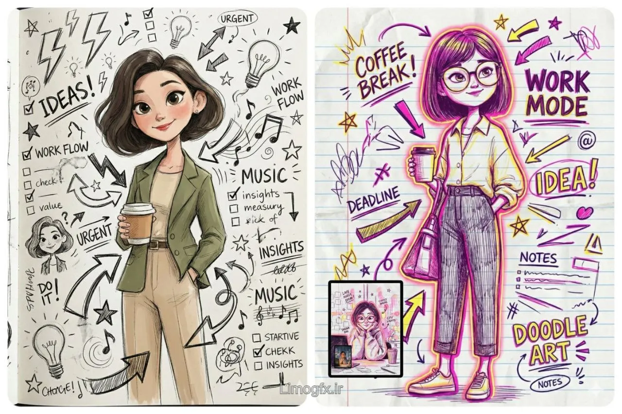 پرتره دودل آرت روی کاغذ خط‌دار با افکت نئونی